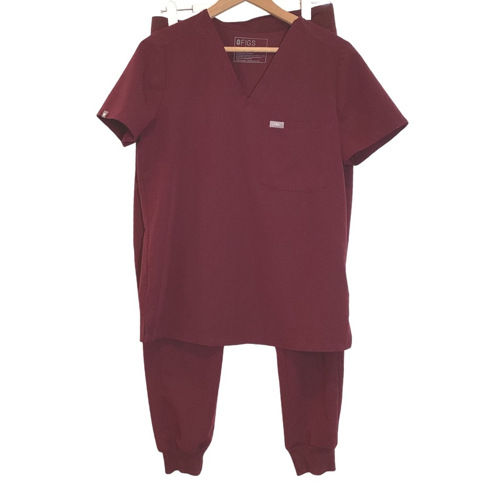 FIGS Burgundy Maroon Scrub Set - Catarina V-Neck Small / Zamora Joggers Small